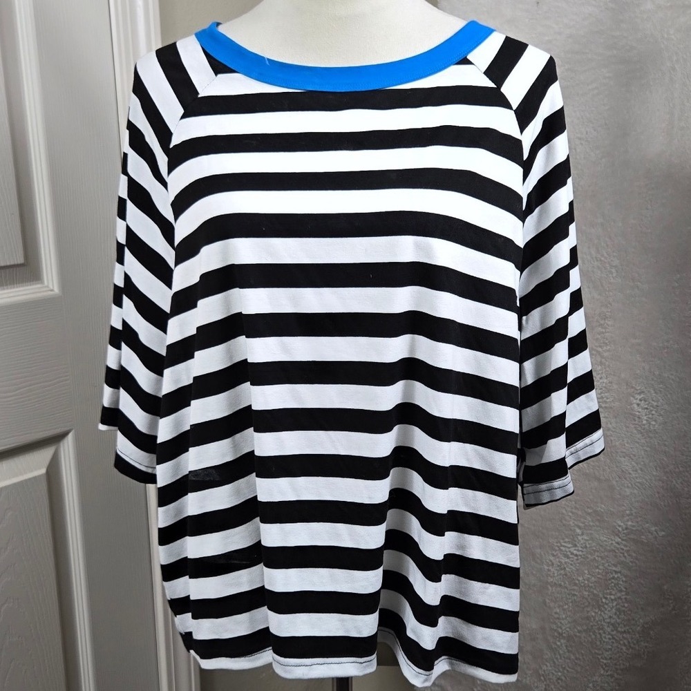DOKOTOO Women's XL Top Black White Striped Blue Neckline 3/4 Sleeve Raglan